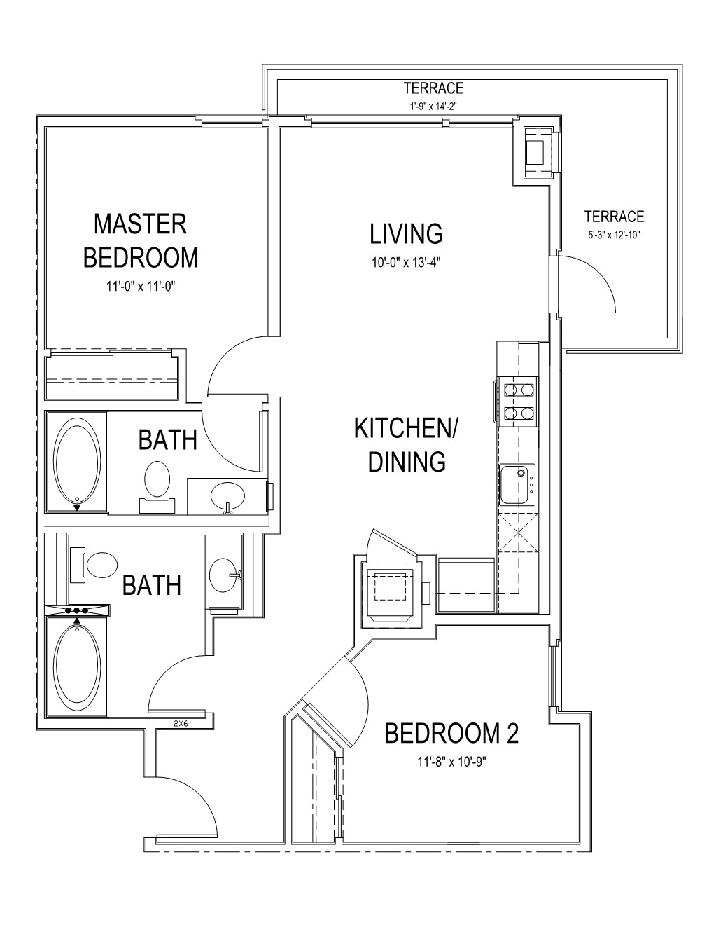 Floor plan for 2 beds, 2 baths, 888 sqft